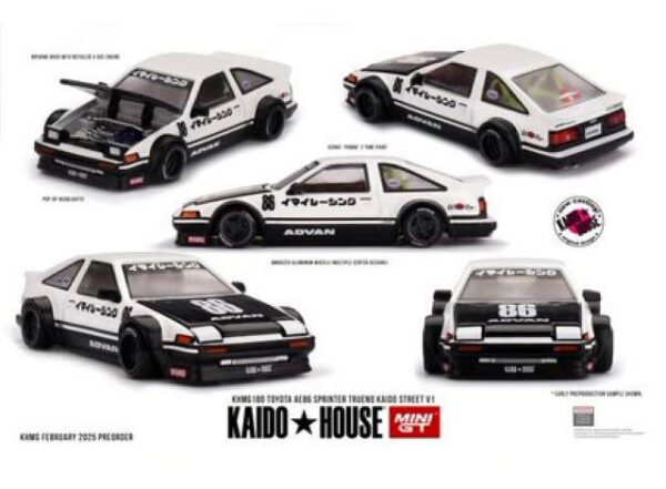 Mini GT 1983 Toyota Sprinter Trueno (AE86) Kaido Works Imai Racing V1, black/white