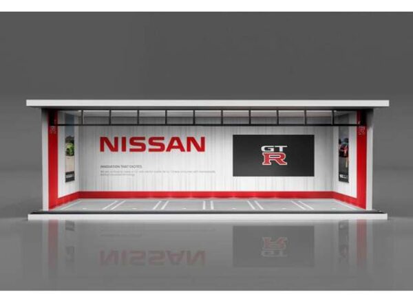 Parkovací garáž *Nissan se světlem* v měřítku 1/64, bílá/červená.