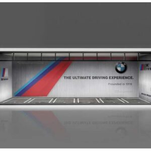 Parkovací garáž *BMW se světlem* v měřítku 1/64, modrá/červená/šedá.