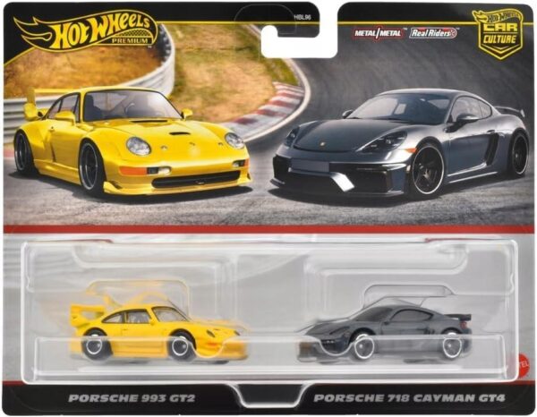 HOT-WHEELS-PREMIUM-CULTURE-CAR-2-baleni-Porsche-993-GT2-Porsche-718-Cayman.jpg HotWheels Premium 2-pack - Porsche 993 GT2, yellow Porsche 718 Cayman GT4, grey
