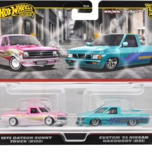 Sada-2-auticek-HOT-WHEELS-PREMIUM-CULTURE-CART-Datsun-Sunny-Truck-Custom-93-Nissan.jpg HotWheels Premium 2-pack - 1975 Datsun Sunny Truck (B120), pink, 1993 Custom Nissan Hardbody (D21), turquoise