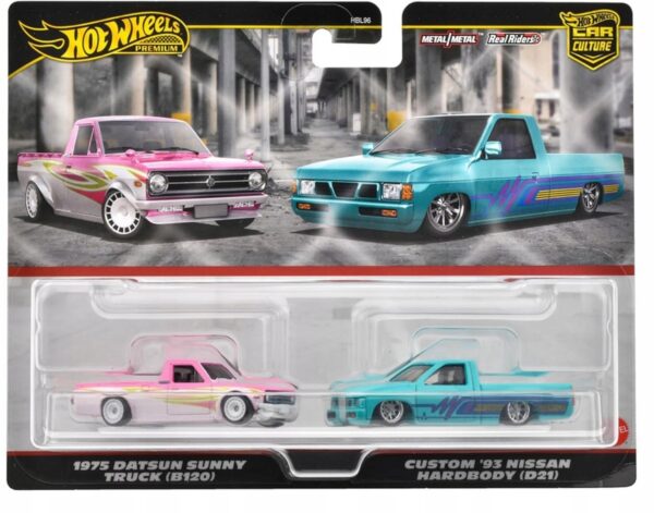 HotWheels Premium 2-pack - 1975 Datsun Sunny Truck (B120), pink, 1993 Custom Nissan Hardbody (D21), turquoise